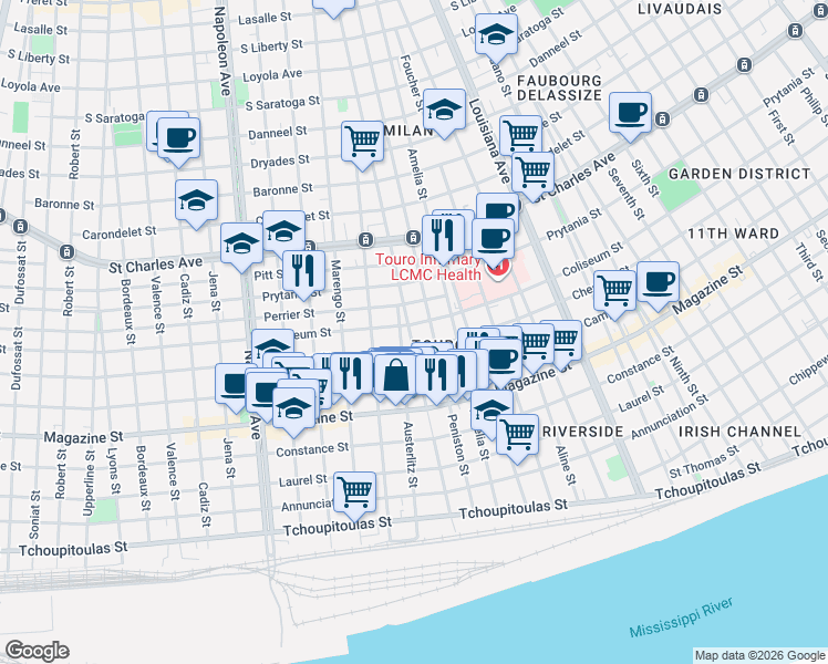 map of restaurants, bars, coffee shops, grocery stores, and more near 1105 Austerlitz Street in New Orleans