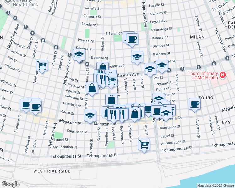 map of restaurants, bars, coffee shops, grocery stores, and more near 1200 Bordeaux Street in New Orleans