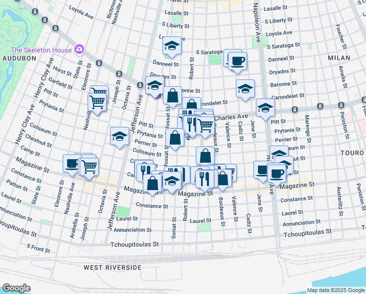 map of restaurants, bars, coffee shops, grocery stores, and more near 1217 Soniat Street in New Orleans