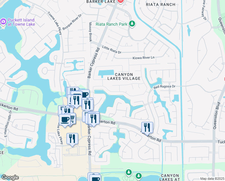 map of restaurants, bars, coffee shops, grocery stores, and more near 17515 South Summit Canyon Drive in Houston