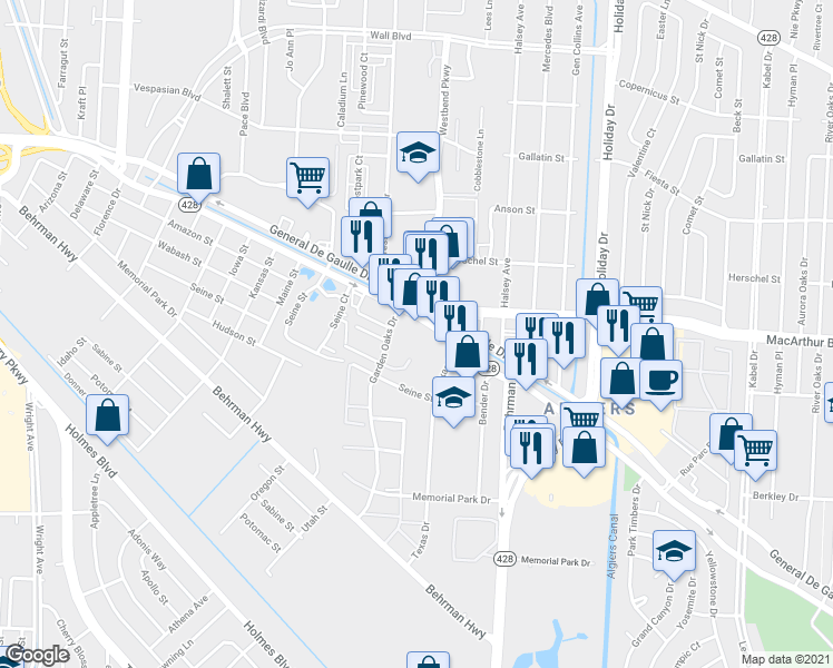 map of restaurants, bars, coffee shops, grocery stores, and more near 3621 General De Gaulle Drive in New Orleans