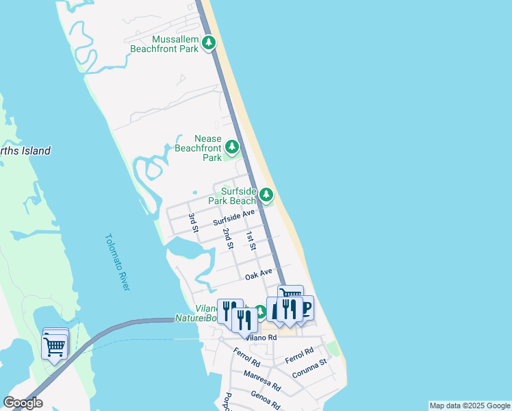 map of restaurants, bars, coffee shops, grocery stores, and more near 100 Surfside Avenue in Saint Augustine