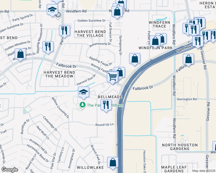 map of restaurants, bars, coffee shops, grocery stores, and more near 301 Legacy Park Drive in Houston