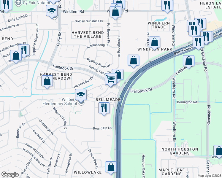 map of restaurants, bars, coffee shops, grocery stores, and more near 8925 Fallbrook Drive in Houston