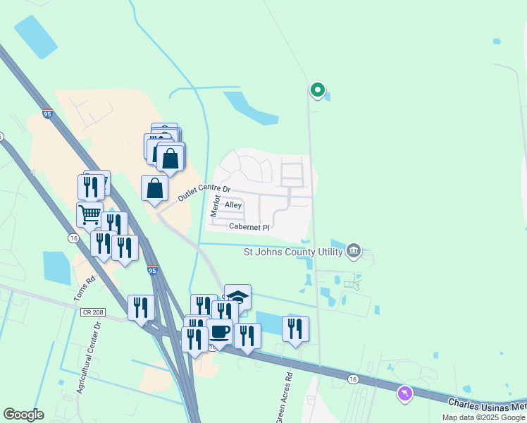 map of restaurants, bars, coffee shops, grocery stores, and more near 152 Crete Court in Saint Augustine