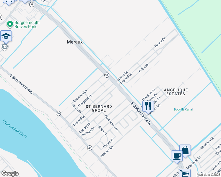 map of restaurants, bars, coffee shops, grocery stores, and more near 2408 Legend Street in Meraux