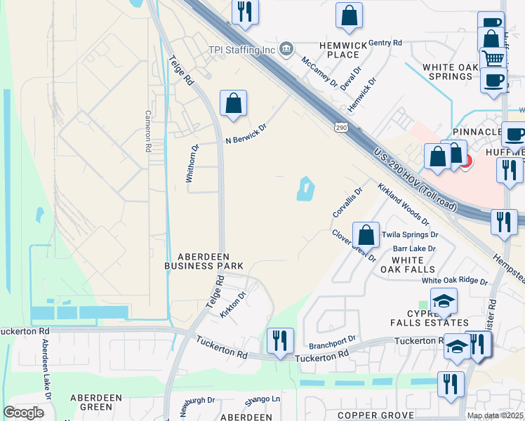 map of restaurants, bars, coffee shops, grocery stores, and more near 10620 Telge Road in Houston