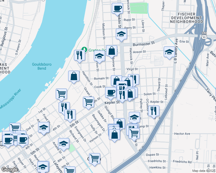 map of restaurants, bars, coffee shops, grocery stores, and more near 1511 Madison Street in Gretna