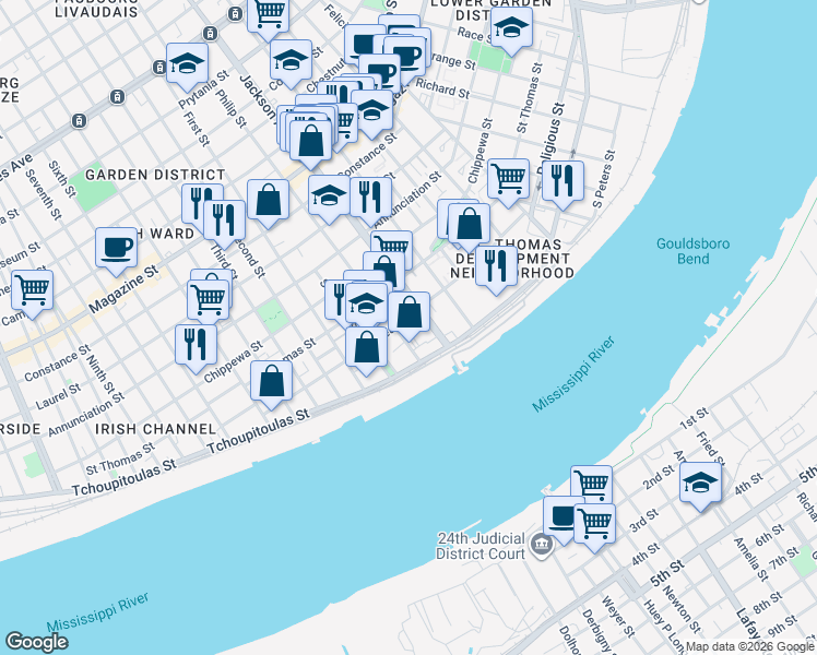 map of restaurants, bars, coffee shops, grocery stores, and more near 442 Philip Street in New Orleans