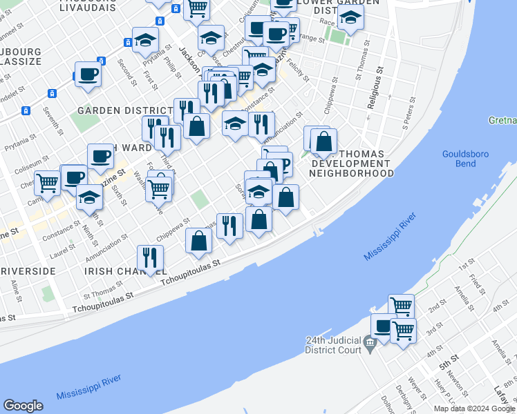 map of restaurants, bars, coffee shops, grocery stores, and more near 2357 Rousseau Street in New Orleans