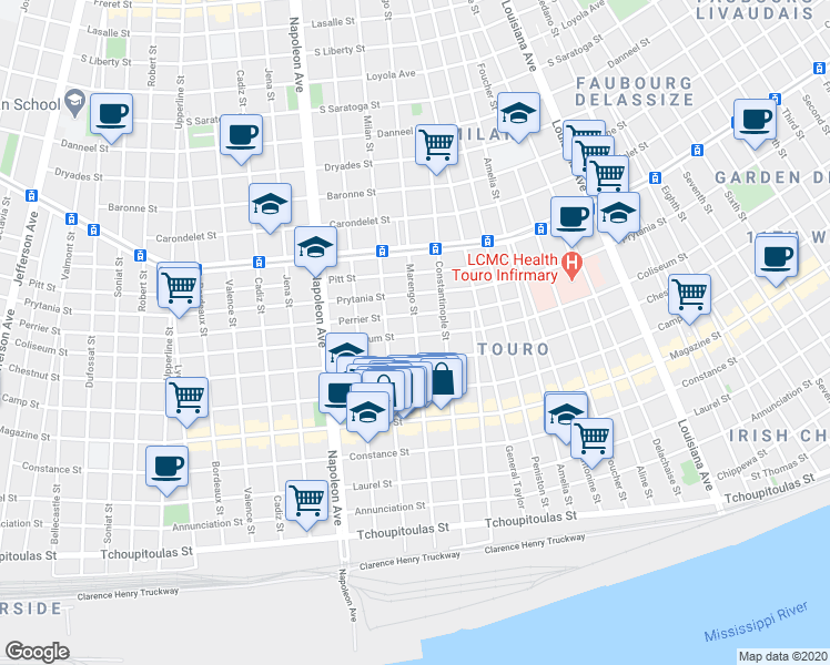 map of restaurants, bars, coffee shops, grocery stores, and more near 1101 Milan Street in New Orleans