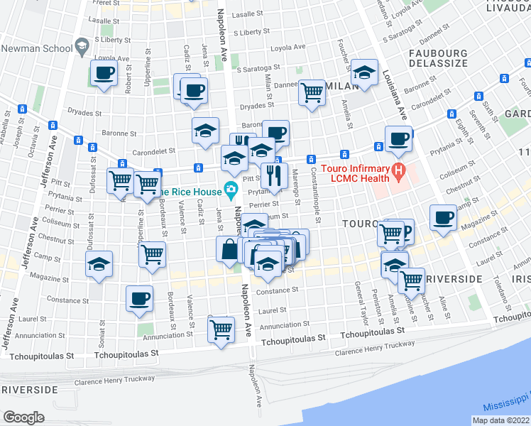map of restaurants, bars, coffee shops, grocery stores, and more near 1125 General Pershing Street in New Orleans