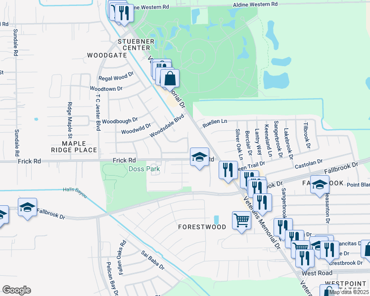 map of restaurants, bars, coffee shops, grocery stores, and more near 13102 Daywood Drive in Houston