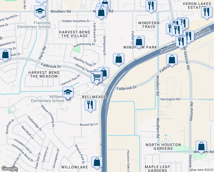 map of restaurants, bars, coffee shops, grocery stores, and more near 8893 Fallbrook Drive in Houston