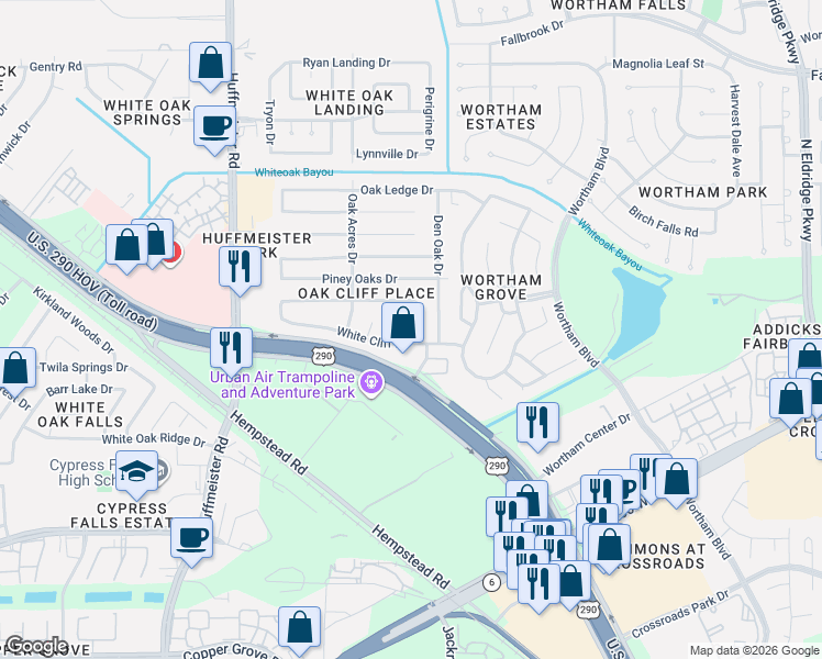 map of restaurants, bars, coffee shops, grocery stores, and more near 10302 Pear Oak Drive in Houston