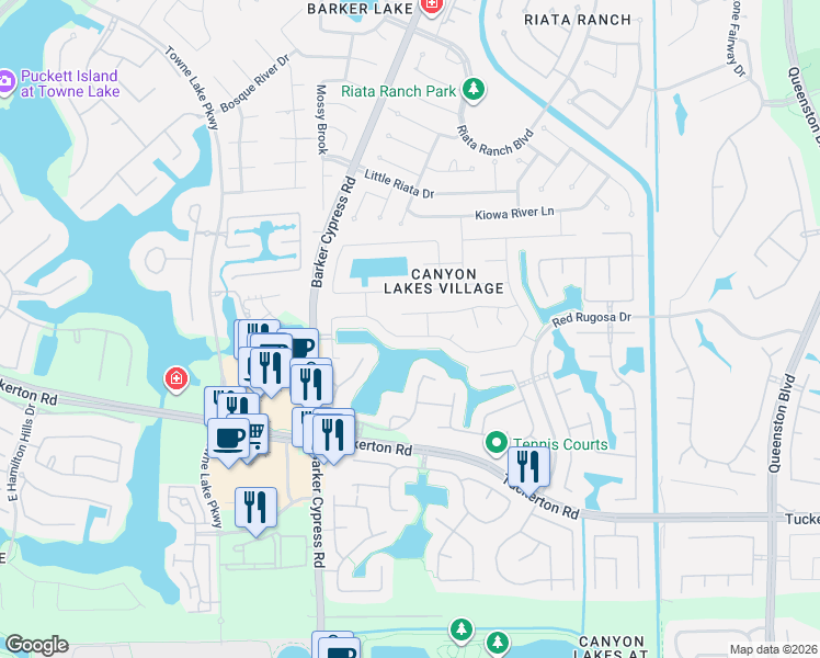 map of restaurants, bars, coffee shops, grocery stores, and more near 17423 South Summit Canyon Drive in Houston