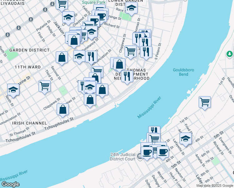 map of restaurants, bars, coffee shops, grocery stores, and more near 2123 Tchoupitoulas Street in New Orleans