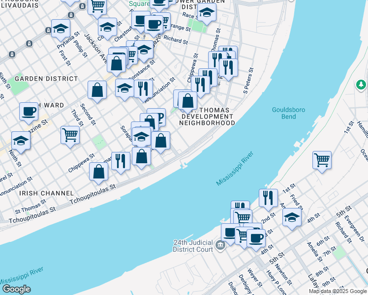 map of restaurants, bars, coffee shops, grocery stores, and more near 2123 Tchoupitoulas Street in New Orleans