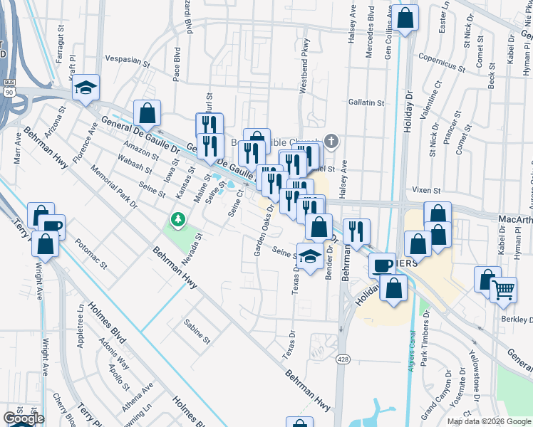 map of restaurants, bars, coffee shops, grocery stores, and more near 5 Heritage Lane in New Orleans