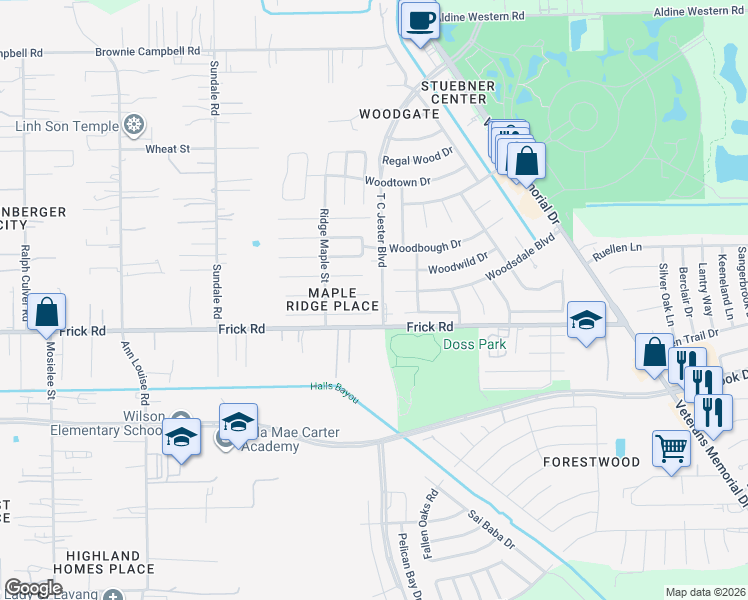 map of restaurants, bars, coffee shops, grocery stores, and more near 2703 Oakland Brook Street in Houston