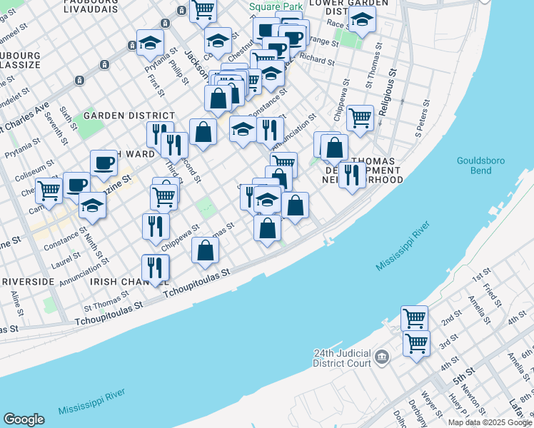 map of restaurants, bars, coffee shops, grocery stores, and more near 2357 Rousseau Street in New Orleans