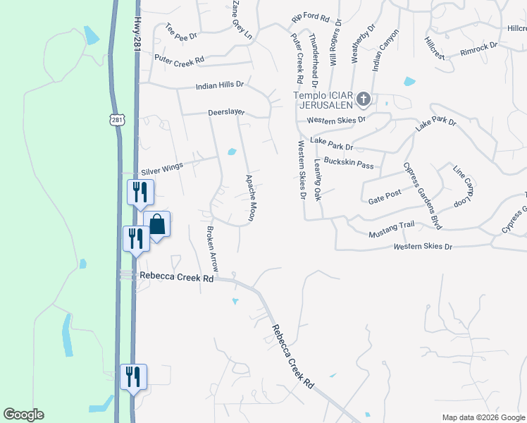 map of restaurants, bars, coffee shops, grocery stores, and more near 5047 Apache Moon in Spring Branch