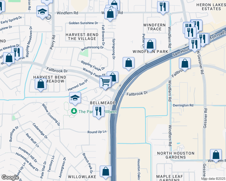 map of restaurants, bars, coffee shops, grocery stores, and more near 8893 Fallbrook Drive in Houston
