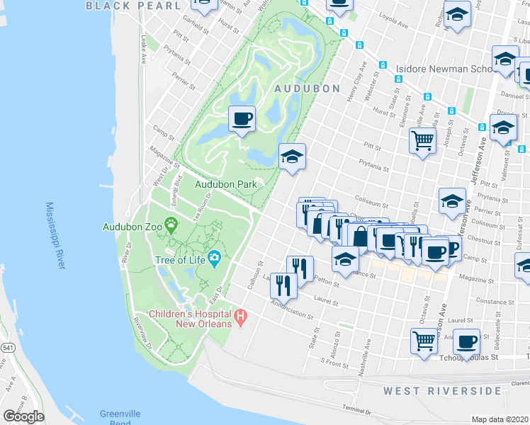 map of restaurants, bars, coffee shops, grocery stores, and more near 6339 Magazine Street in New Orleans