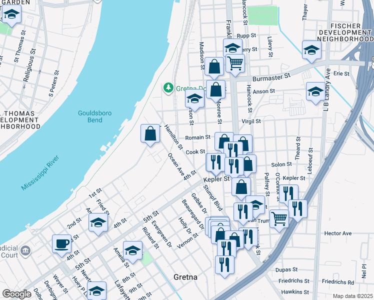map of restaurants, bars, coffee shops, grocery stores, and more near 468 Hamilton Street in Gretna