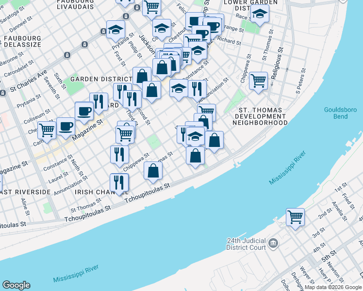 map of restaurants, bars, coffee shops, grocery stores, and more near 2418 Saint Thomas Street in New Orleans