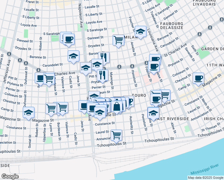 map of restaurants, bars, coffee shops, grocery stores, and more near 1101 Milan Street in New Orleans