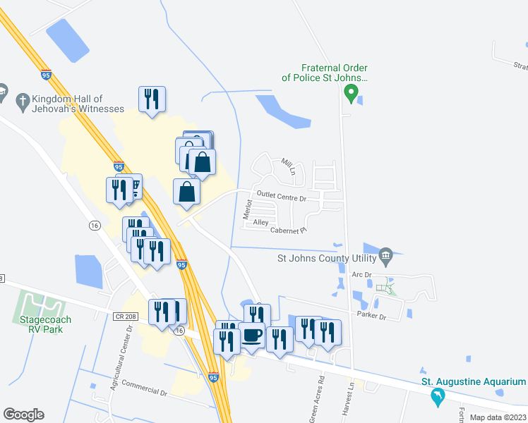 map of restaurants, bars, coffee shops, grocery stores, and more near 648 Drake Bay Terrace in St. Augustine