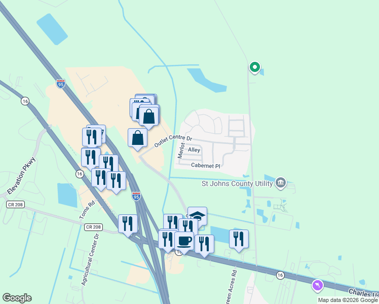 map of restaurants, bars, coffee shops, grocery stores, and more near 632 Drake Bay Terrace in St. Augustine