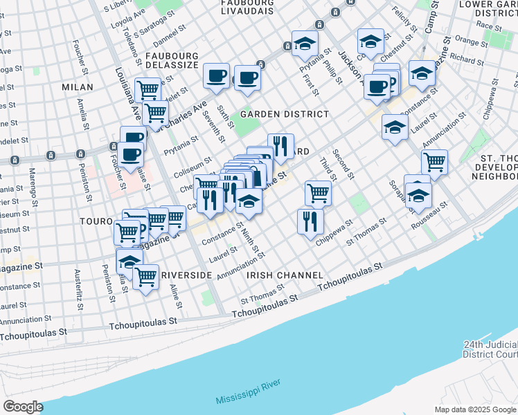 map of restaurants, bars, coffee shops, grocery stores, and more near 914 Seventh Street in New Orleans