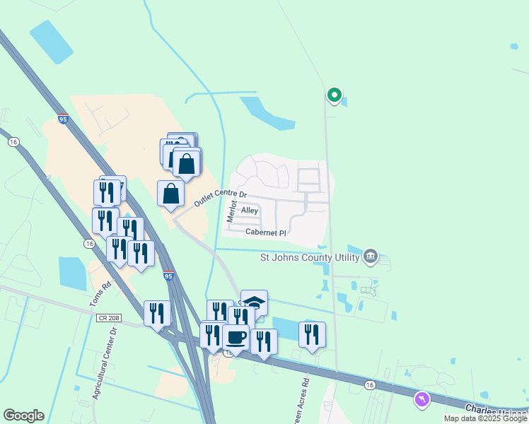 map of restaurants, bars, coffee shops, grocery stores, and more near 274 Syrah Way in St. Augustine