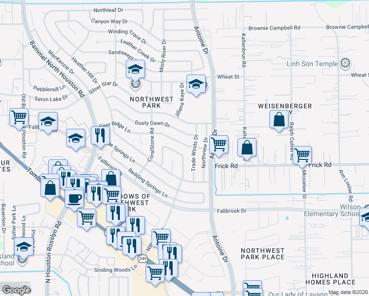 map of restaurants, bars, coffee shops, grocery stores, and more near 10139 Northwest Park Drive in Houston