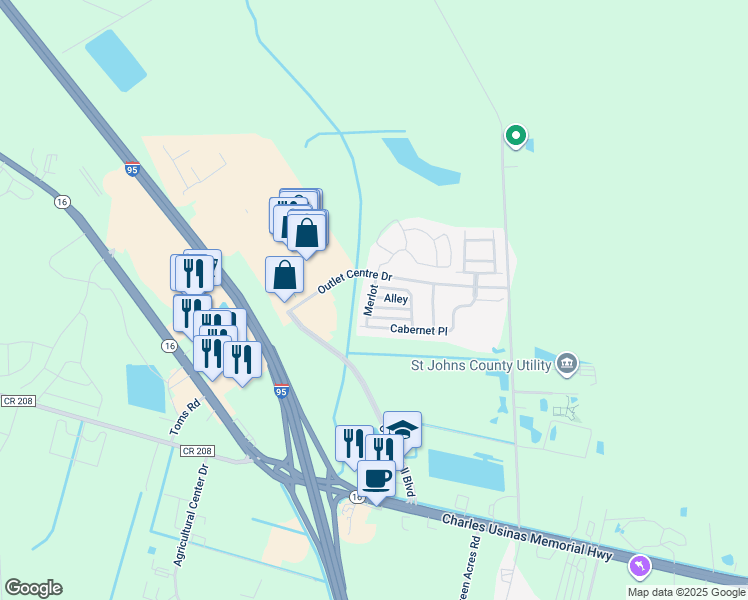 map of restaurants, bars, coffee shops, grocery stores, and more near 420 Alley in St. Augustine