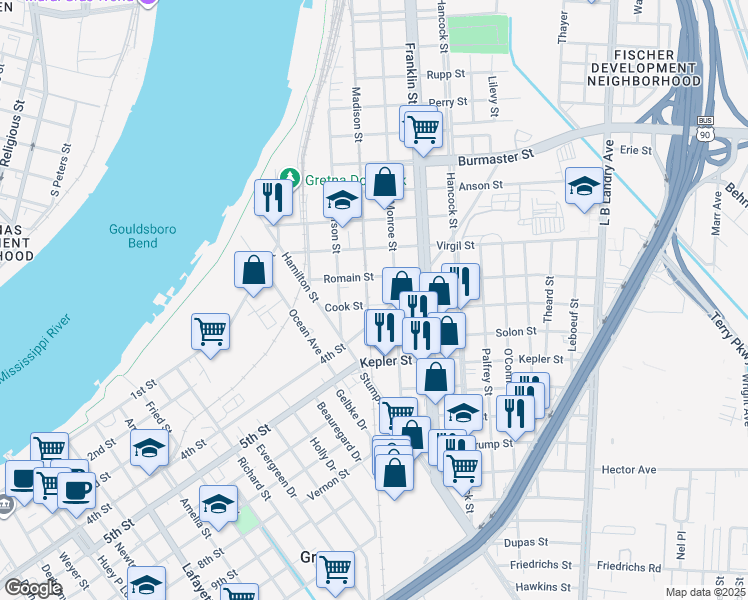 map of restaurants, bars, coffee shops, grocery stores, and more near 1511 Madison Street in Gretna
