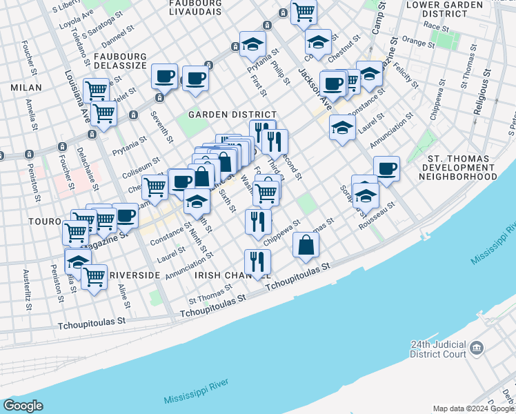 map of restaurants, bars, coffee shops, grocery stores, and more near 2815 Annunciation Street in New Orleans