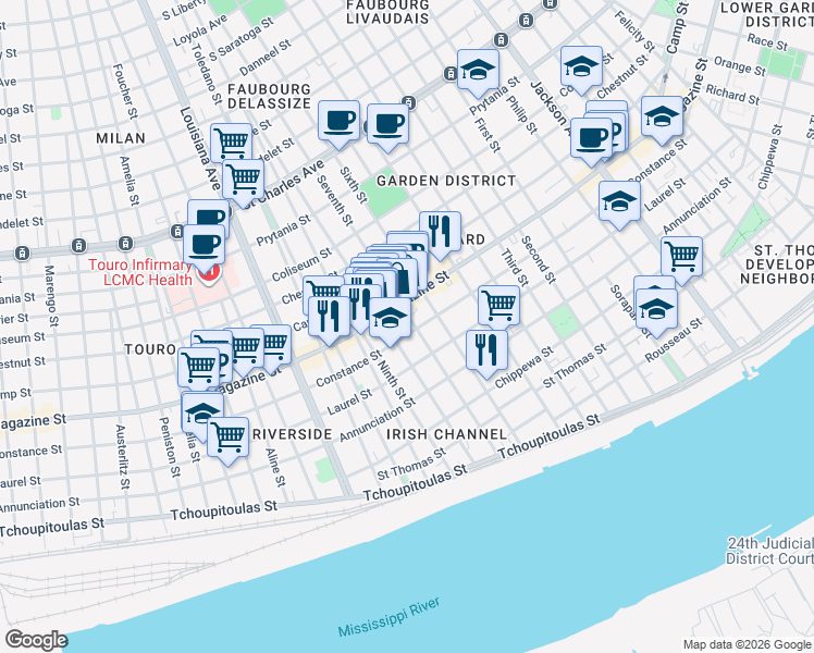 map of restaurants, bars, coffee shops, grocery stores, and more near 914 Seventh Street in New Orleans