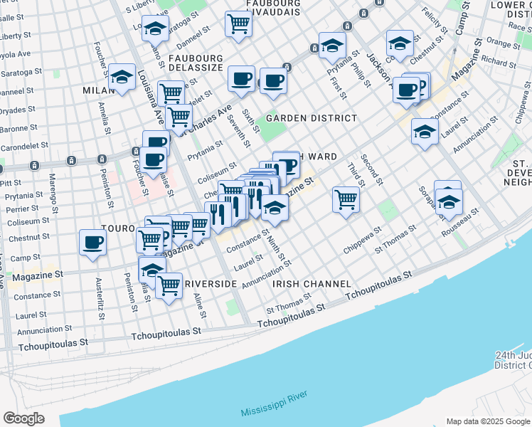 map of restaurants, bars, coffee shops, grocery stores, and more near 3127 Constance Street in New Orleans