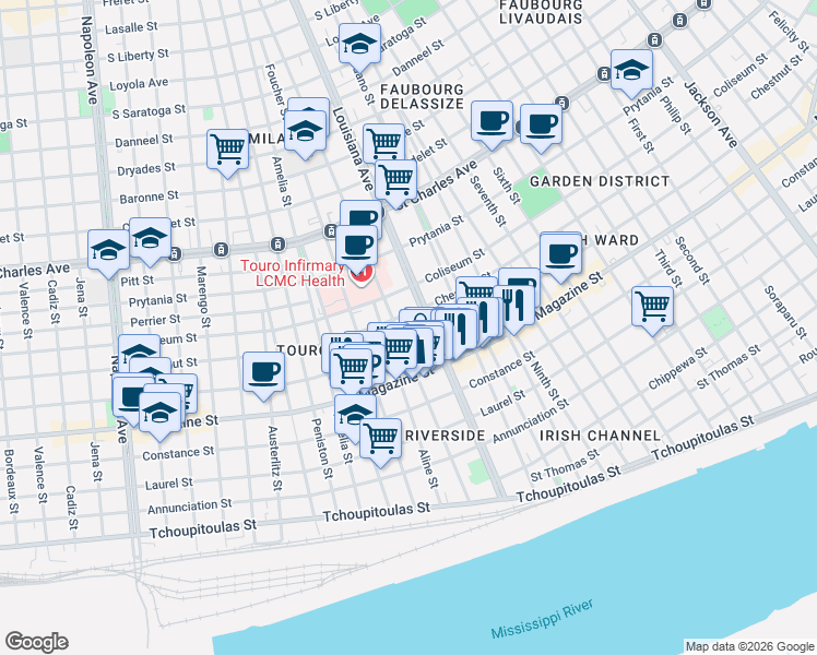 map of restaurants, bars, coffee shops, grocery stores, and more near 3424 Camp Street in New Orleans