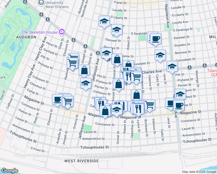 map of restaurants, bars, coffee shops, grocery stores, and more near 5201 Coliseum Street in New Orleans