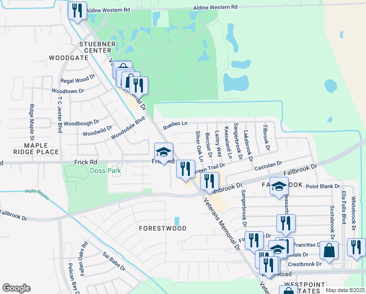 map of restaurants, bars, coffee shops, grocery stores, and more near 1703 Talbrook Drive in Houston