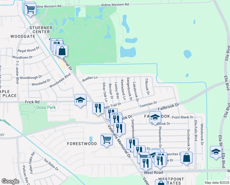 map of restaurants, bars, coffee shops, grocery stores, and more near 10514 Lantry Way in Houston
