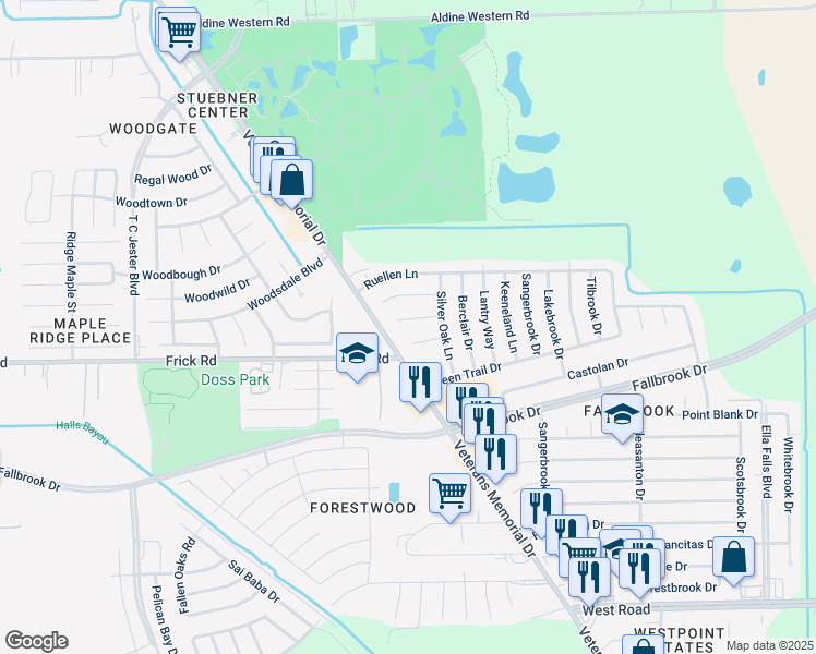 map of restaurants, bars, coffee shops, grocery stores, and more near 1703 Talbrook Drive in Houston