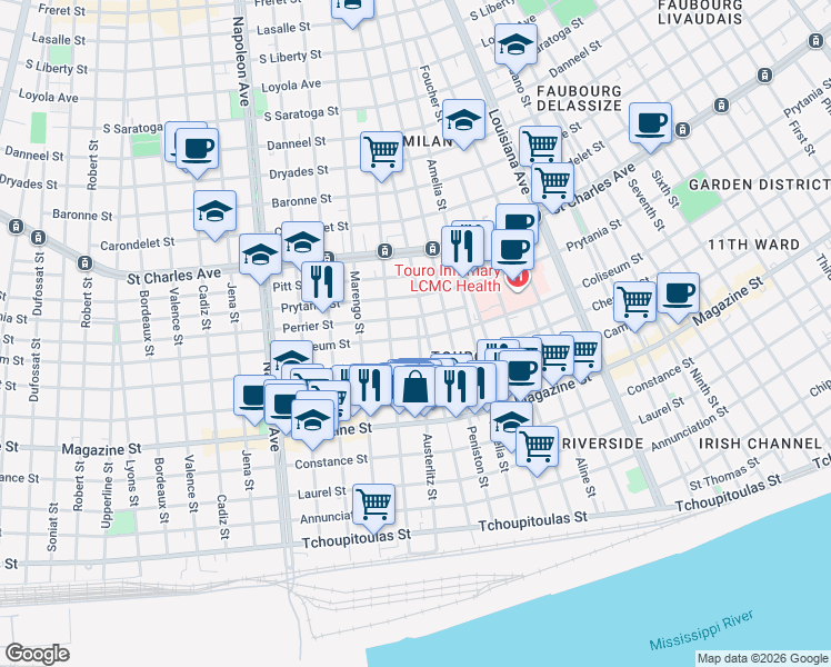 map of restaurants, bars, coffee shops, grocery stores, and more near 1105 Austerlitz Street in New Orleans