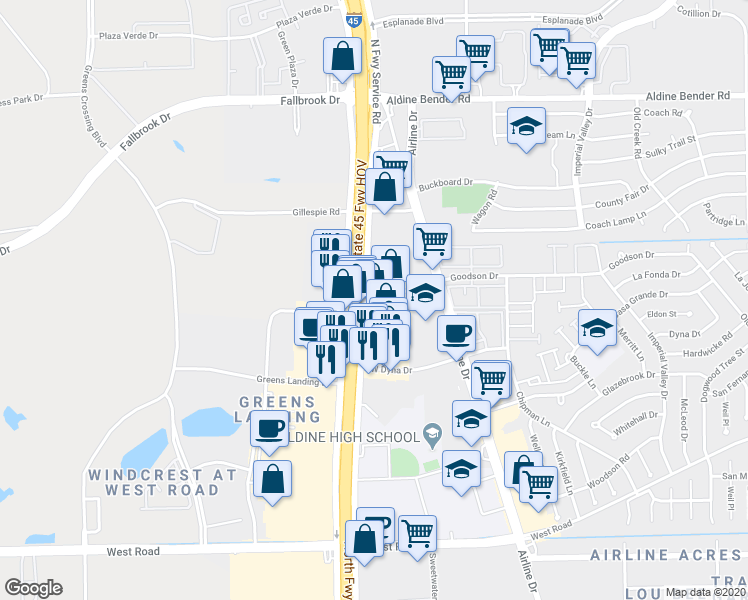map of restaurants, bars, coffee shops, grocery stores, and more near 10998 North Freeway Service Road in Houston