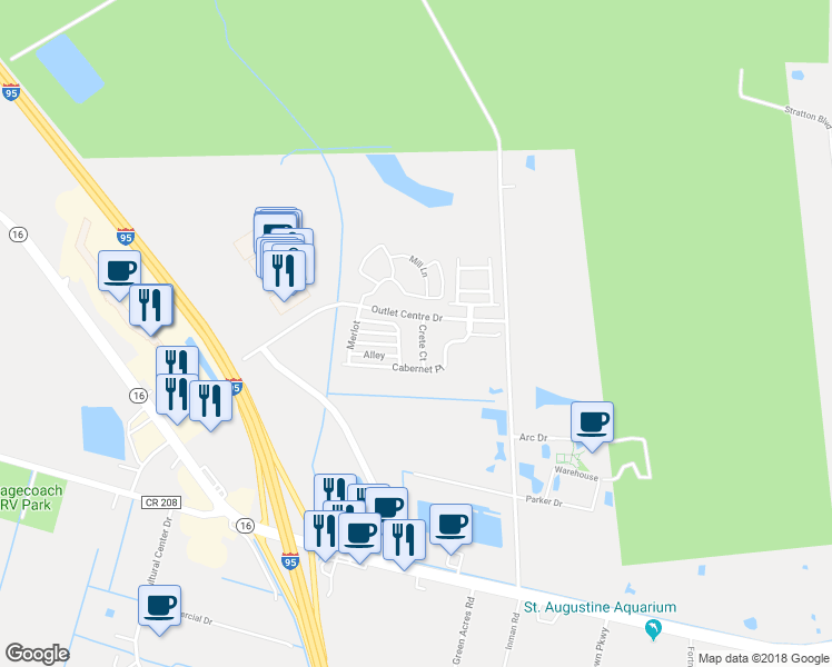 map of restaurants, bars, coffee shops, grocery stores, and more near 131 Crete Court in Saint Augustine