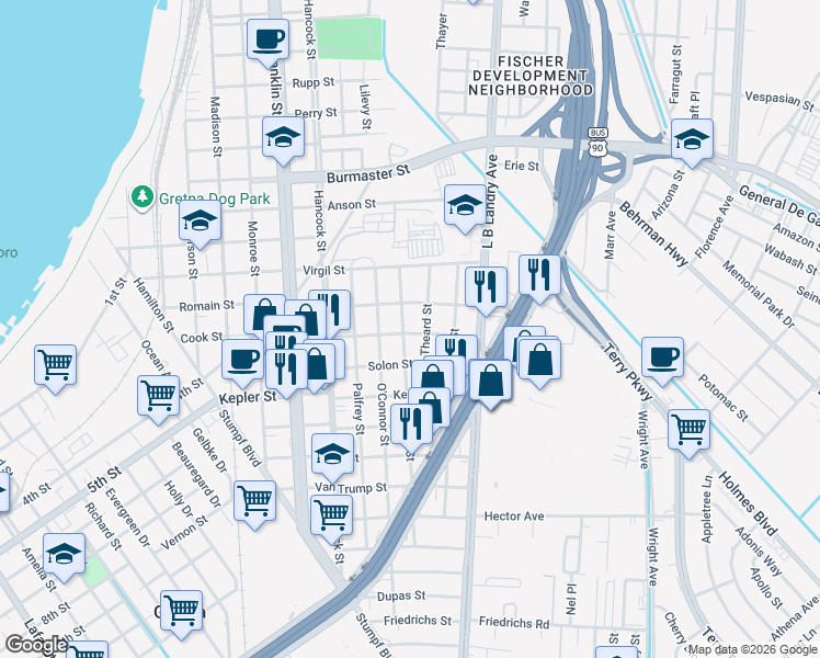 map of restaurants, bars, coffee shops, grocery stores, and more near 1224 Romain Street in Gretna
